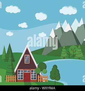 Summer or spring landscape scene with a-frame house with fences, green trees, spruce, clouds, road, mountains and lake Stock Vector