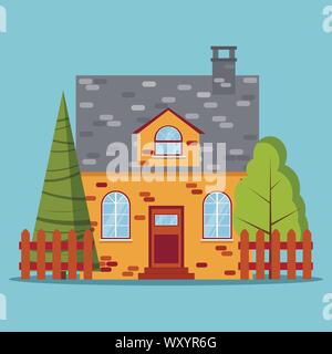 Isolated icon of brick farm cottage with fences, green tree, spruce in flat cartoon style. Stock Vector