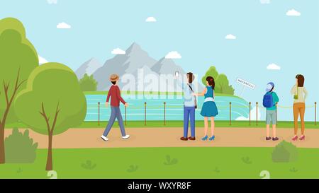 Tourists near waterfall flat vector illustration. National park visitors, couple, families enjoying picturesque view. Holidaymakers taking photos of mountain river, beautiful landscape Stock Vector