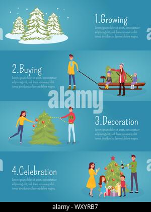 Christmas chores flat banner vector template. Cheerful parents and kids growing, buying, decorating fir tree cartoon characters. Happy family celebrating xmas flat illustration with text space Stock Vector