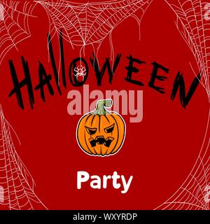 Greeting card with Halloween party lettering, pumpkin and cobweb, template on red background. Vector illustration. Stock Vector
