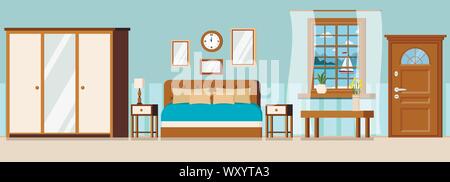 Hotel room with furniture, door, window view of sea landscape with sailboat. Stock Vector