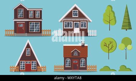 Set of isolated rural wooden farm houses with fences two storey, a frame, tiled roof and chimney, attic Stock Vector