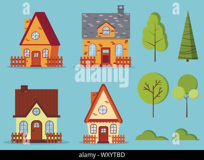 Set of isolated rural farm red brick and yellow houses with attic, chimney, fences. Stock Vector