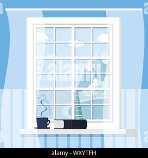 White room plastic window frame with cup and book on the windowsill in flat cartoon style. Stock Vector
