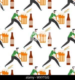 Festive seamless pattern. Vector illustration with people, beer, beer glass, mug, bottle, wheat. Beer party concept. Munich Beer Festival Oktoberfest. Stock Vector