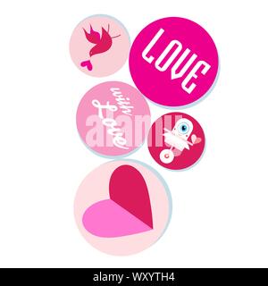 Bright greeting card with loving elements and the word love in circles for Valentine's Day. Gift set. Stock Vector