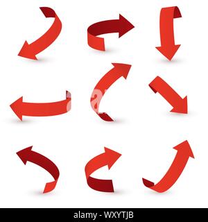 Red ribbon arrow set. Arrow stickerst various angles and directions. Stock Vector