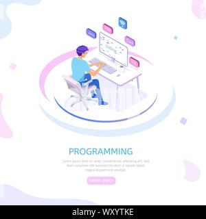 Programmer isometric character. Programming concept, web engineer at ...