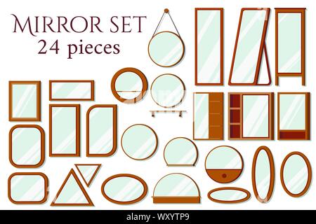 Set of vector wooden frames mirrors of various shapes round, square, oval, rectangular, floor. Stock Vector