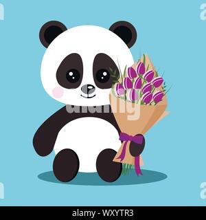 Isolated romantic sweet cute baby panda bear in sitting pose with bouquet. Stock Vector