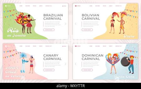 South american parties landing page templates set. Latino culture website homepage interface idea with flat illustrations. Exotic festivals, national holiday web banner, webpage cartoon concept Stock Vector