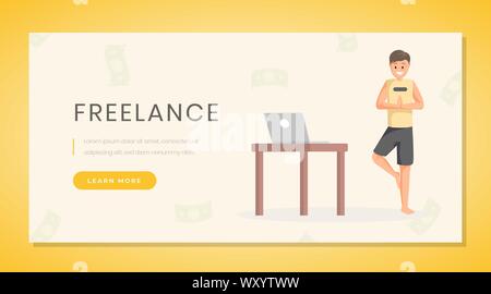 Remote job landing page vector template. Freelance, working from home, distance job website homepage design concept with flat illustration. Man freelancer meditating cartoon character Stock Vector