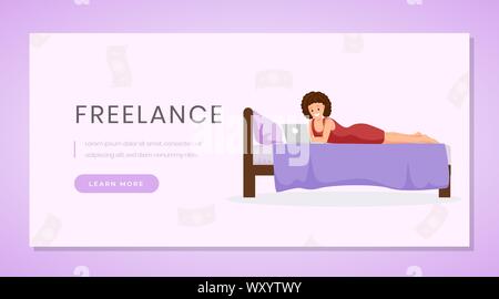 Working from home landing page template. Distance job, freelance remote work website homepage design purple layout. Young woman freelancer, outsource worker using laptop on bed cartoon character Stock Vector