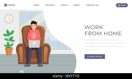 Freelance outsource job landing page template. Working from home, remote, distance job vacancy website homepage design layout. Male designer, programmer working online with laptop on armchair Stock Vector