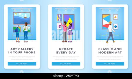Art gallery mobile application templates set. Museum visitors enjoying abstract pictures, seascapes on walls. Classic and modern paintings digital collection smartphone interface layout Stock Vector