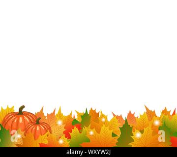 Autumn maple tree leaves with ripe thanksgiving pumpkins Stock Vector