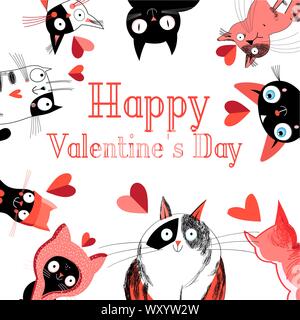 Bright greeting card with loving cats and hearts on a white background. Valentine's day card. Stock Vector