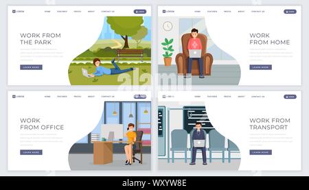 Freelance job landing page template kit. Distance, remote outsource work website homepage flat design layouts set. Freelancers, designers working at home, park and transport color cartoon characters Stock Vector