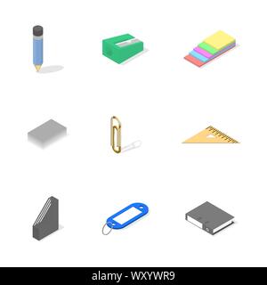 Set of icons isolated on white background, office and school. Flat 3d isometric style, vector illustration. Stock Vector