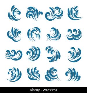 Set of linear water wave elements. Waves line icons. Vector illustration. Stock Vector