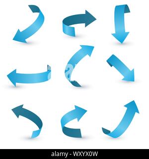 Blue ribbon arrow set. Arrow stickerst various angles and directions. Stock Vector