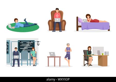 Freelancers flat design characters vector set. Outsource workers using laptop at park, transport cartoon illustrations. Designers, programmers working at home, distance job, remote work concepts Stock Vector