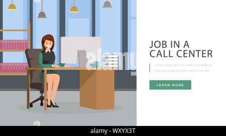 Job in call center landing page. Open vacancy, job position at client service, helpdesk website concept design. Call center operator, secretary, personal assistant working with PC at office character Stock Vector