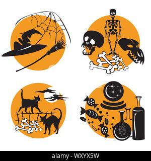 Vector Set for Halloween, illustration with characters of Halloween (skeleton and skulls, witch hat, web and broomstick, black cats in full moon time, Stock Vector