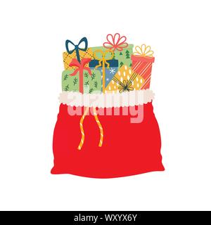 Open red bag full of Christmas presents vector solated. Cartoon Santa s sack with gift boxes for congratulation at holidays Stock Vector