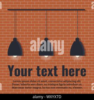Isolated black modern scandinavian style lamp with three glowing light bulbs on red brick wall. Stock Vector