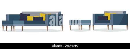 Isolated on white background icon of blue color soft sofa and armchair with a padded stool Stock Vector