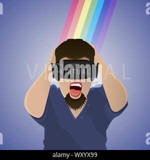 Vector illustration of the excitement of the virtual reality glasses. Stock Vector