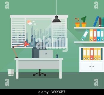 Illustration of a home-office with a computer screen and keyboard on a white painted shelf with anglepoise lamp and two other shelves with colored fol Stock Vector