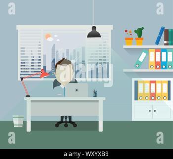 Illustration of a home-office with a computer screen and keyboard on a white painted shelf with anglepoise lamp and two other shelves with colored fol Stock Vector