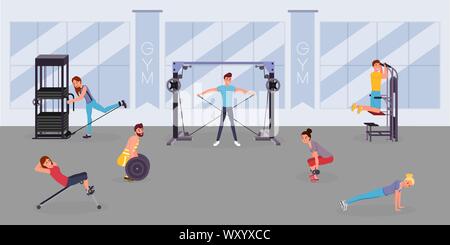 Fitness center workout flat vector illustration. Young sportsmen and sportswomen training with gym equipment cartoon characters. Sport club interior, healthy lifestyle, bodybuilding activities Stock Vector