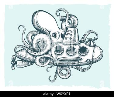 Hand drawn Giant octopus plays with a submarine. Vector illustration. Stock Vector