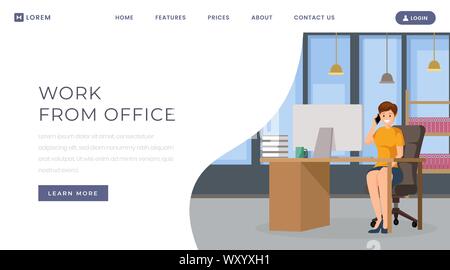 Work from office landing page template. Personal assistant, secretary vacancy, job position website homepage design layout. Woman, manager working with computer at office cartoon character Stock Vector