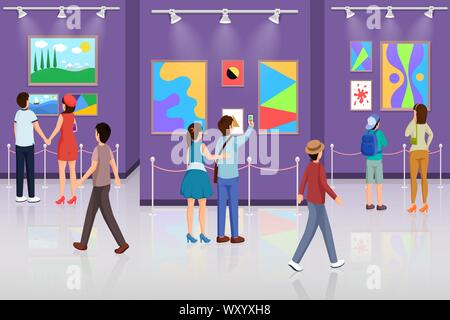 Art gallery visitors flat vector illustration. People enjoying modern paintings, taking photos cartoon characters. Romantic couple dating in museum, mother and son looking at abstract pictures Stock Vector