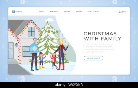Christmas with family landing page vector template. Winter holiday website homepage interface idea with flat illustrations. Family with kids outdoors, happy new year web banner cartoon concept Stock Vector