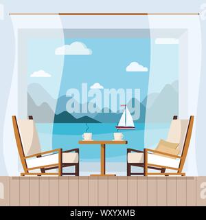Wooden table, cups of tea or coffee, curtain and chairs on the balcony with seascape. Stock Vector