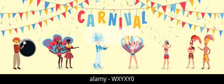 South american carnival flat vector illustration. Happy men and women in beautiful national outfits cartoon characters. Traditional latin holiday celebration, latino culture festival banner concept Stock Vector