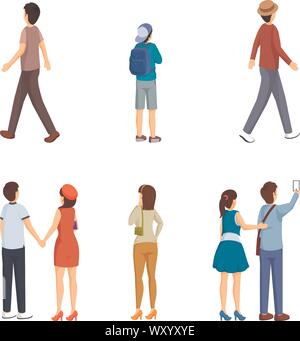 People of different ages characters collection. Men in casual clothes, young woman with purse, male schoolboy with rucksack back view. Romantic couples holding hands, dating, making selfie Stock Vector