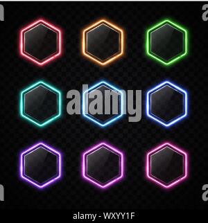 Modern neon hexagon frame set on transparent background. Color web buttons with glare plastic plate. Infographic internet flyer banner geometric shape Stock Vector