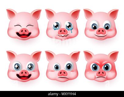 Pig emoticon vector set. Pigs cute emojis set with happy, angry and crying facial expressions and mood isolated in white background. Stock Vector