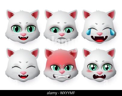 Cat face emoji vector set. Cats emoticon in angry and sad expressions or emotion isolated in white background. Vector illustration 3d realistic. Stock Vector