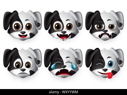 Dog emojis vector set. Puppy dogs face emoticon and icon in crying and funny facial expressions and emotion isolated in white background. Stock Vector