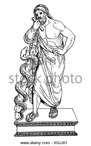 Asclepius, Greek god of medicine, drawing, 19th century, after Roman ...