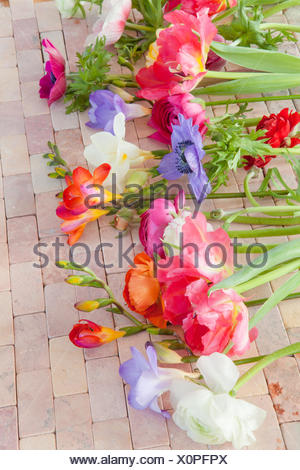 Bunte Fruehlingsblumen auf rustikalem Hintergrund aus Steinfliesen