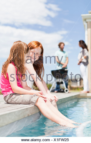 Girl sitting on edge of swimming pool with feet in water Stock Photo ...